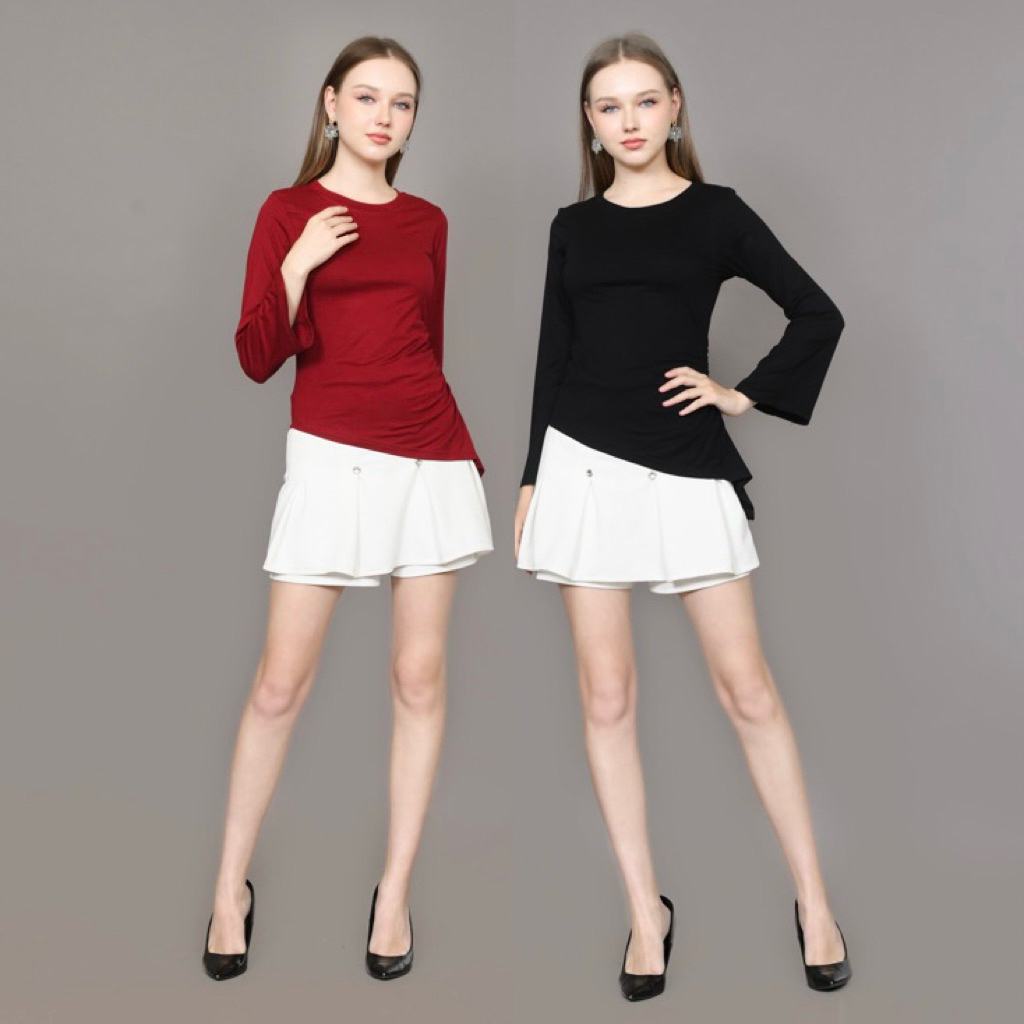 Atasan wanita asimetris miring lengan lonceng spandek rayon