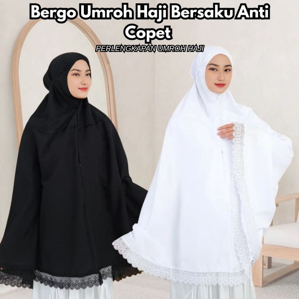 Bergo Umroh Haji Bersaku Anti Copet Jumbo Katun Premium Perlengkapan Haji Dan Umroh Renda Mewah