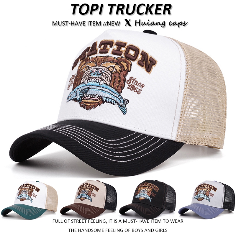 Topi trucker STATION Bears eat fish fashion distro topi baseball outdoor sport topi vintage golf cap