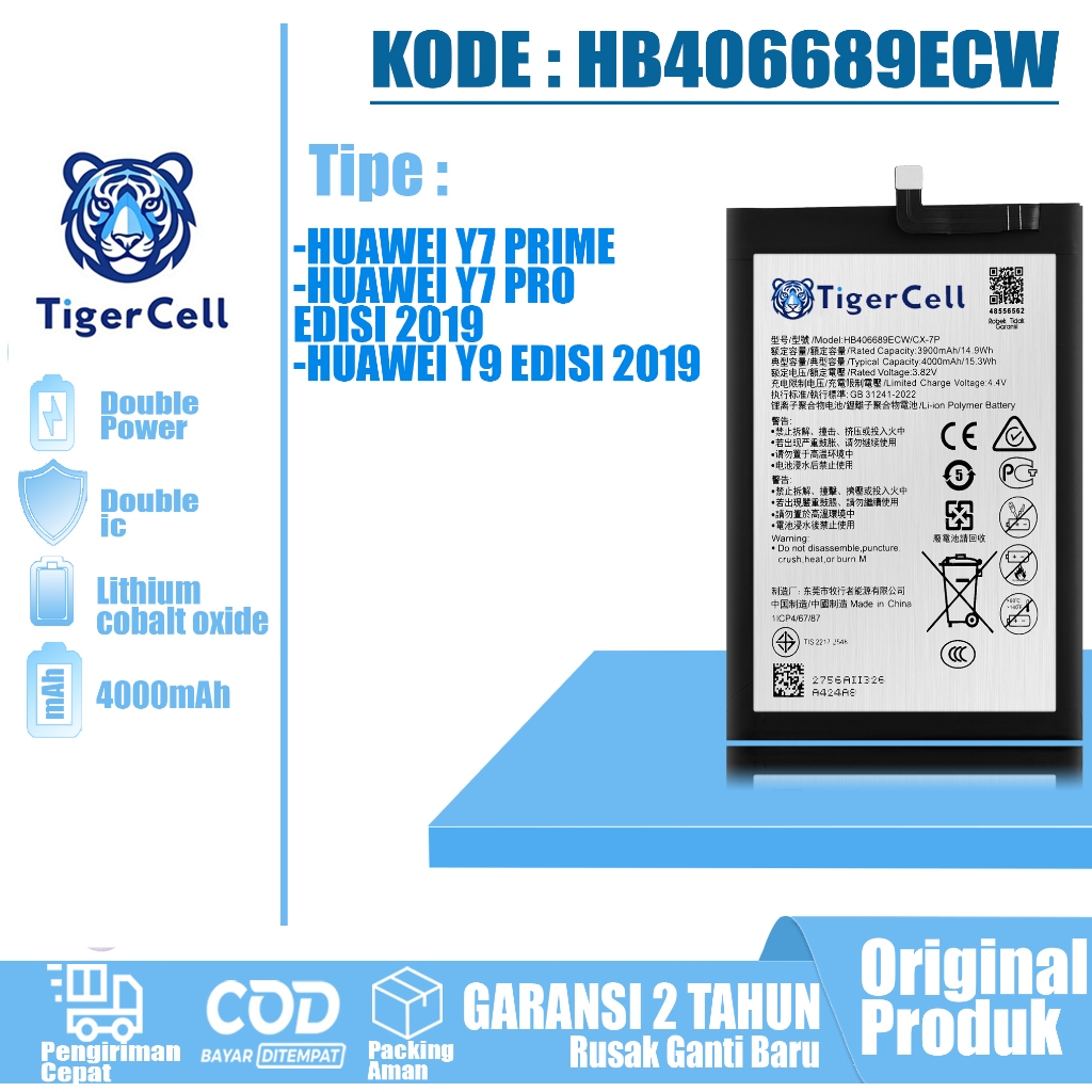TIGERCELL Baterai Huawei HB406689ECW HUAWEI Y7 PRIME / HUAWEI Y7 PRO EDISI 2019 / HUAWEI Y9 EDISI 20
