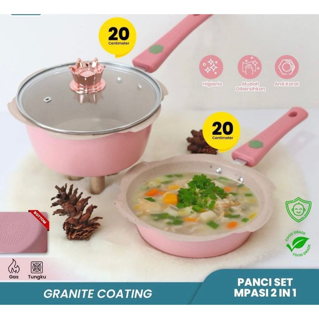 Panci Mpasi Cookware Full Set - Peralatan Panci Bayi Warna Pink/Blue Granite Die Cast ( Kuat ) & Ant
