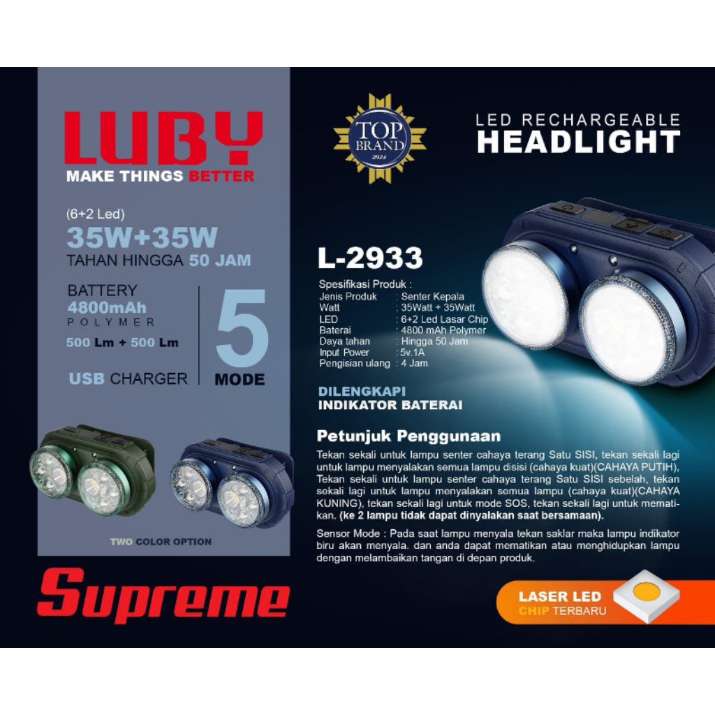 Senter Kepala Luby 35+35 WATT L-2933 1Lampu 2Mode Cahaya putih & kuning