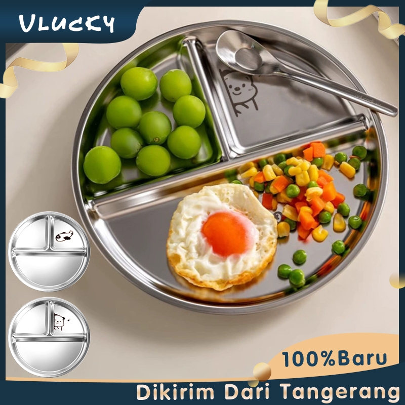 Round Piring Makan Bayi Stainless Steel 3 Sekat Piring Makan Anak Anti Tumpah