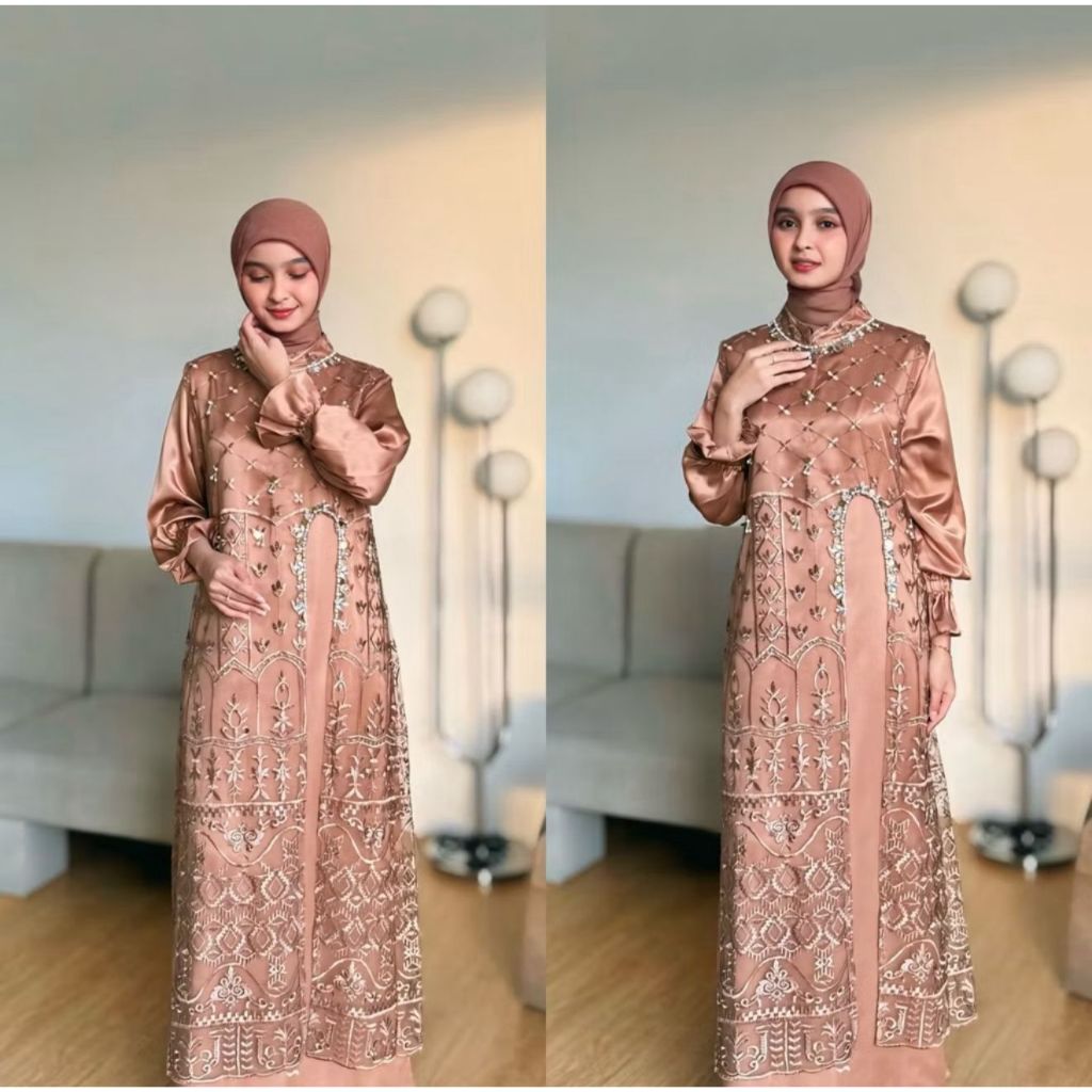 Gamis Pesta Wanita Marsya Dress Silk Tile + Outer Brukat Payet Mutiara Gamis Kondangan 2025