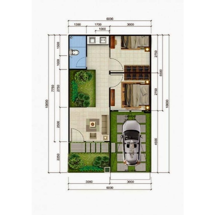 Desain Rumah Minimalis Taman Tengah Tipr 6 x 10