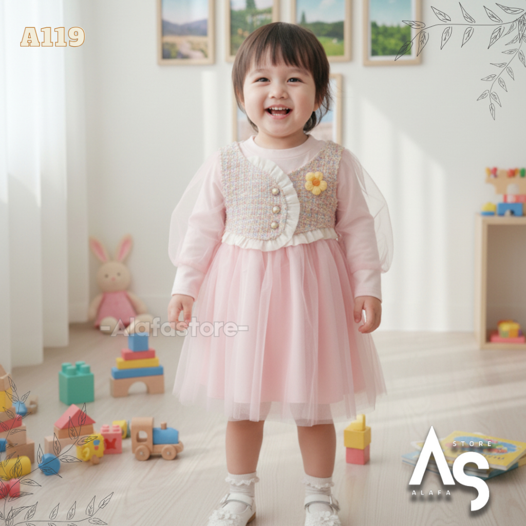 Dress Anak Perempuan Warna Pink & Putih Size 1-4 Tahun Gaun Tutu Cantik Lengan Panjang Bahan Lembut