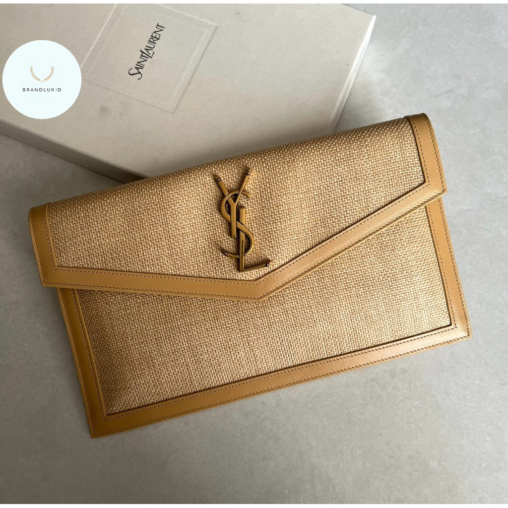 YSL uptown small envelope clutch in micro raffia