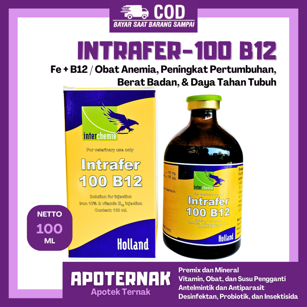 INTRAFER-100 B12 100ML (STIKER KUNING) - Obat Hewan Anti Anemia & Pemacu Pertumbuhan Fe & B12 Sapi B