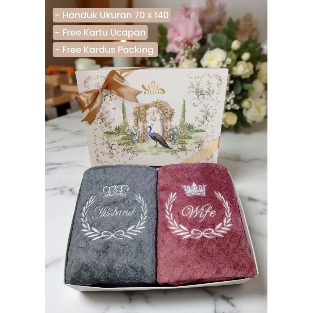 Hampers Handuk Couple Wedding Box | Handuk Label & Bordir Husband Wife (HW) | Hampers Handuk Pernika