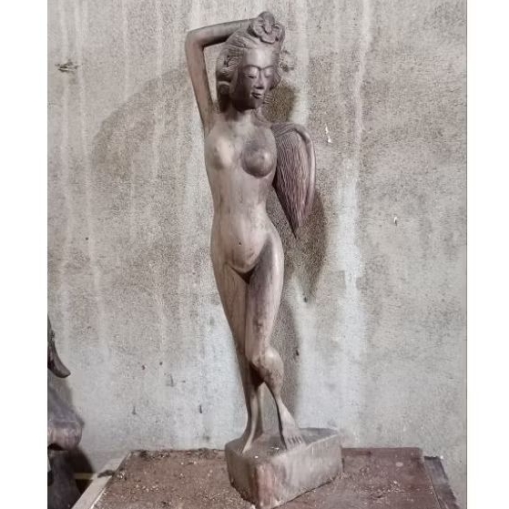 Patung Wanita, Orang Tua, Burung. Bahan Kayu Jati.