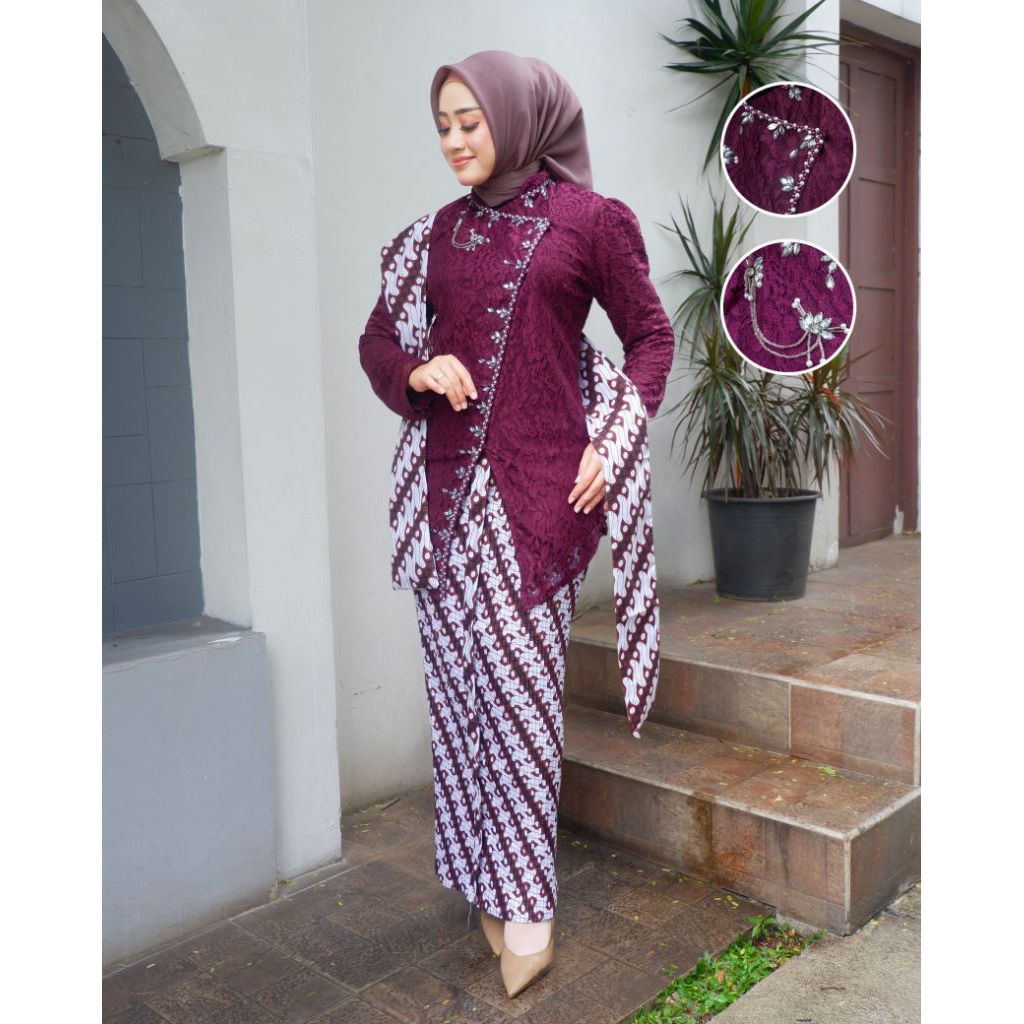 Ready Stok Setelan Kebaya Brukat Jumbo LD 120 Modern /  Setelan Kebaya Lily Janggan Mix Rok Wiron Mo
