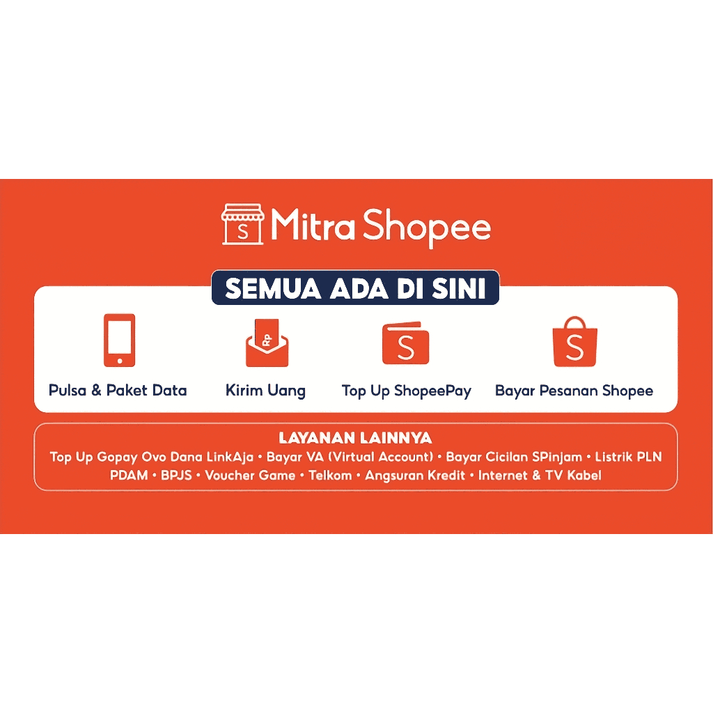 Spanduk Mitra Shopee Horizontal | Pulsa, Kirim Uang, Top Up ShopeePay, Bayar Pesanan | Ukuran 150cm 