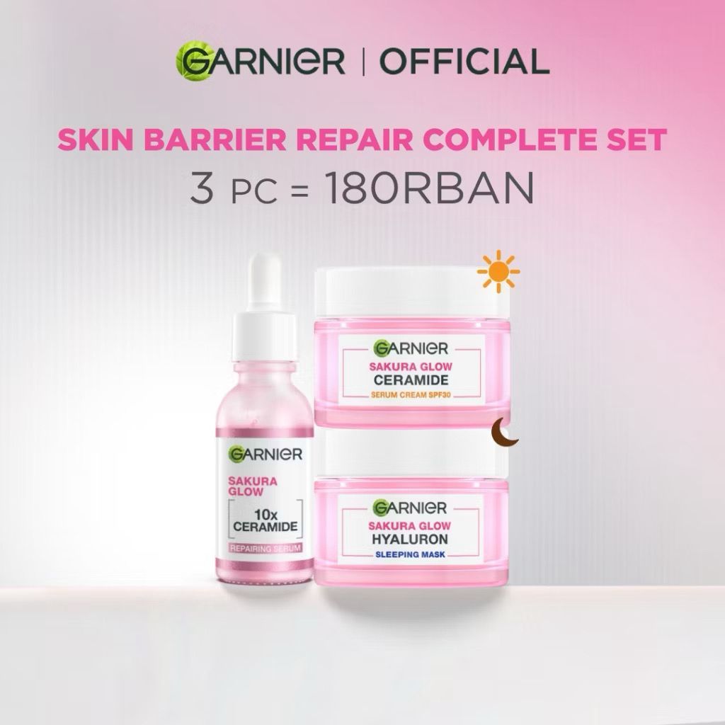 GARNIER Paket Skincare 1 Set Lengkap Sakura Glow Ceramide Skin Barrier Hydrating Daily Set Serum & C