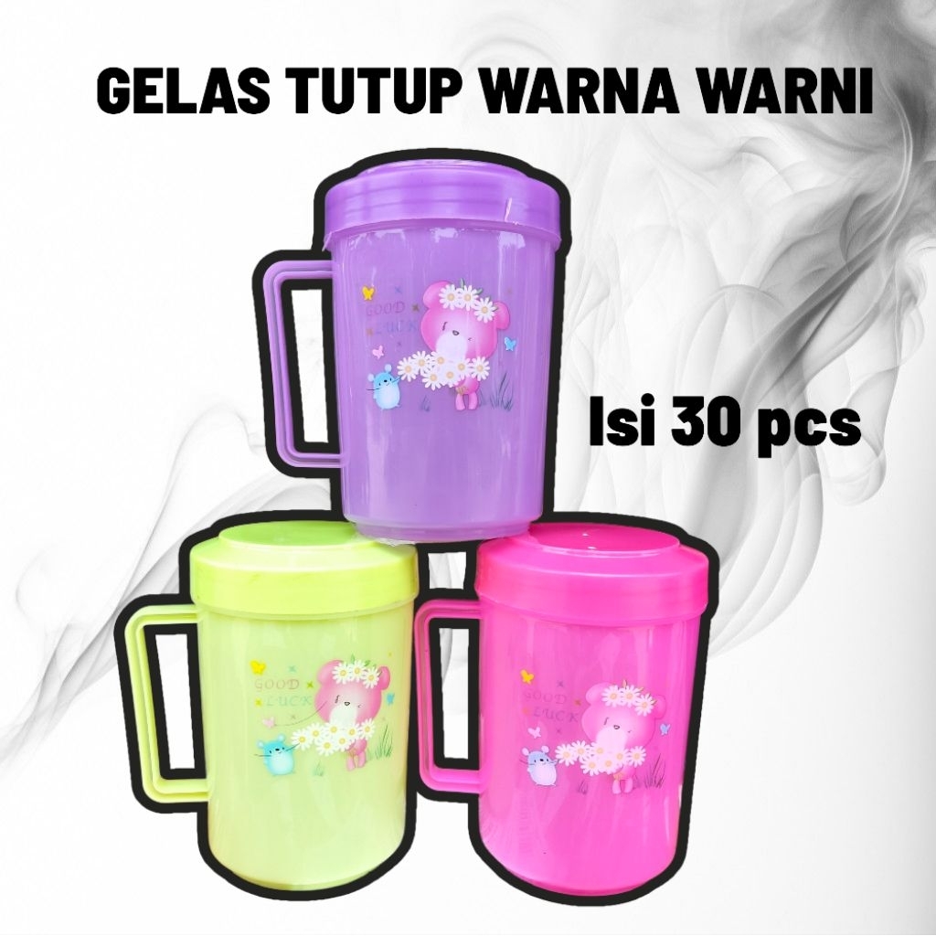 (isi 30 pcs) Eskan tutup plastik mini warna warni bergambar / gelas mini tutup / mug tutup / cangkir