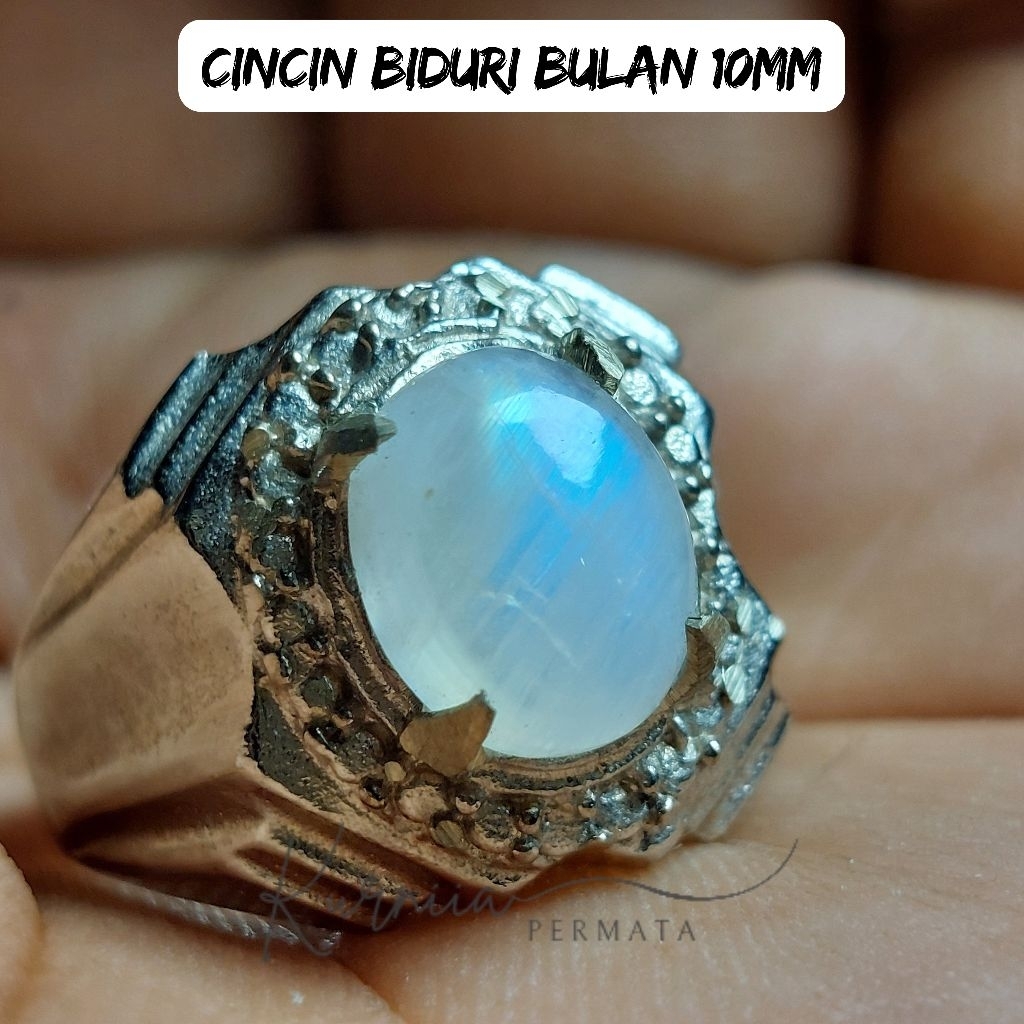 Cincin Batu Biduri Bulan Dim 10mm Asli Natural / Moonstone Biduri Laut Ceylon Srilanka Rings Akik Al
