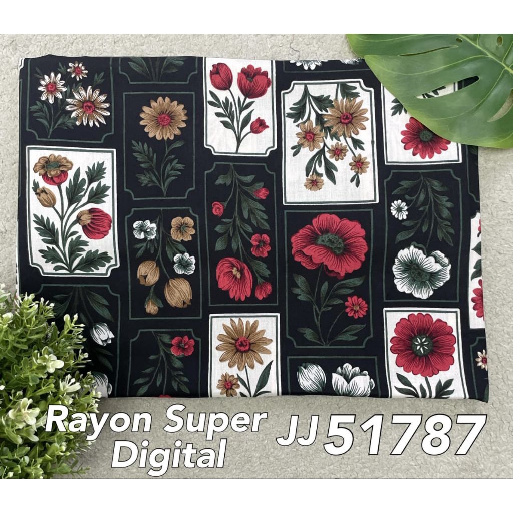 Kain Rayon Super Digital  JJ DP51787 motif bunga mawar (per 0.5m) Kain Bahan Rayon Premium