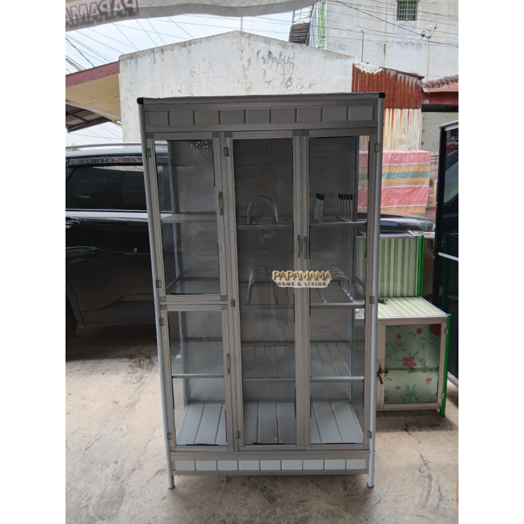 Lemari Rak Piring 3pt Polos - Lemari Dapur Aluminium Pintu Kaca -  Rak Piring Serbaguna Uk.96cm