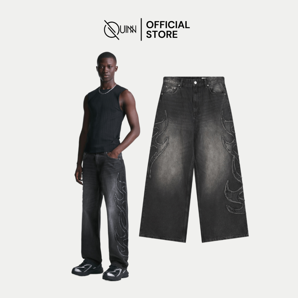 Bershka Baggy Jeans With Patch Black / Celana Panjang Pria Korean Style Oversize