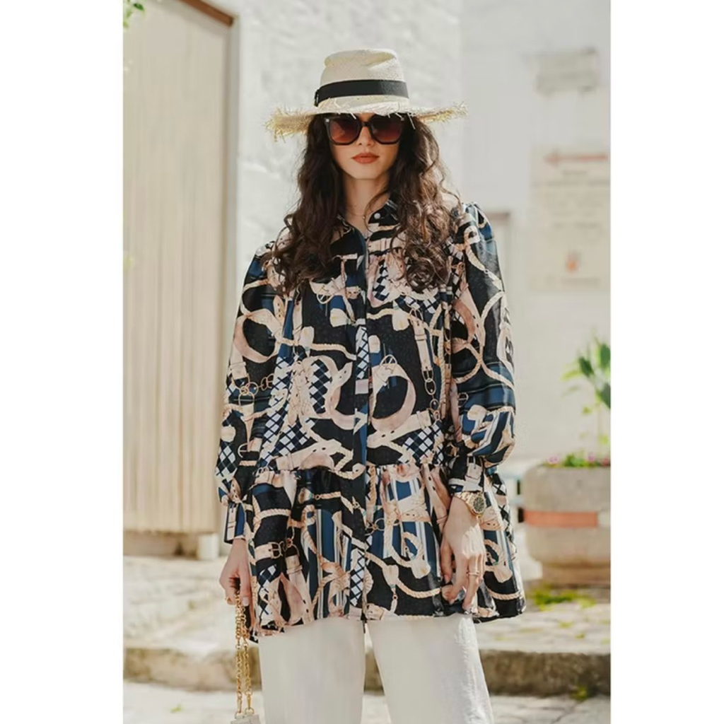 (parfum) The Chain La Bella Satin Shirt With Gathers - Black (M) New Benang Jarum