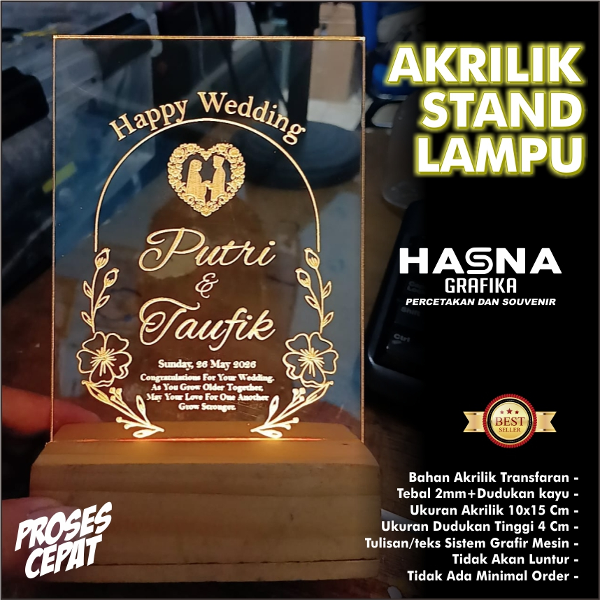 Hasna grafika / akrilik stand lampu custom teks / akrilik lampu / lampu tidur custom / lampu akrilik