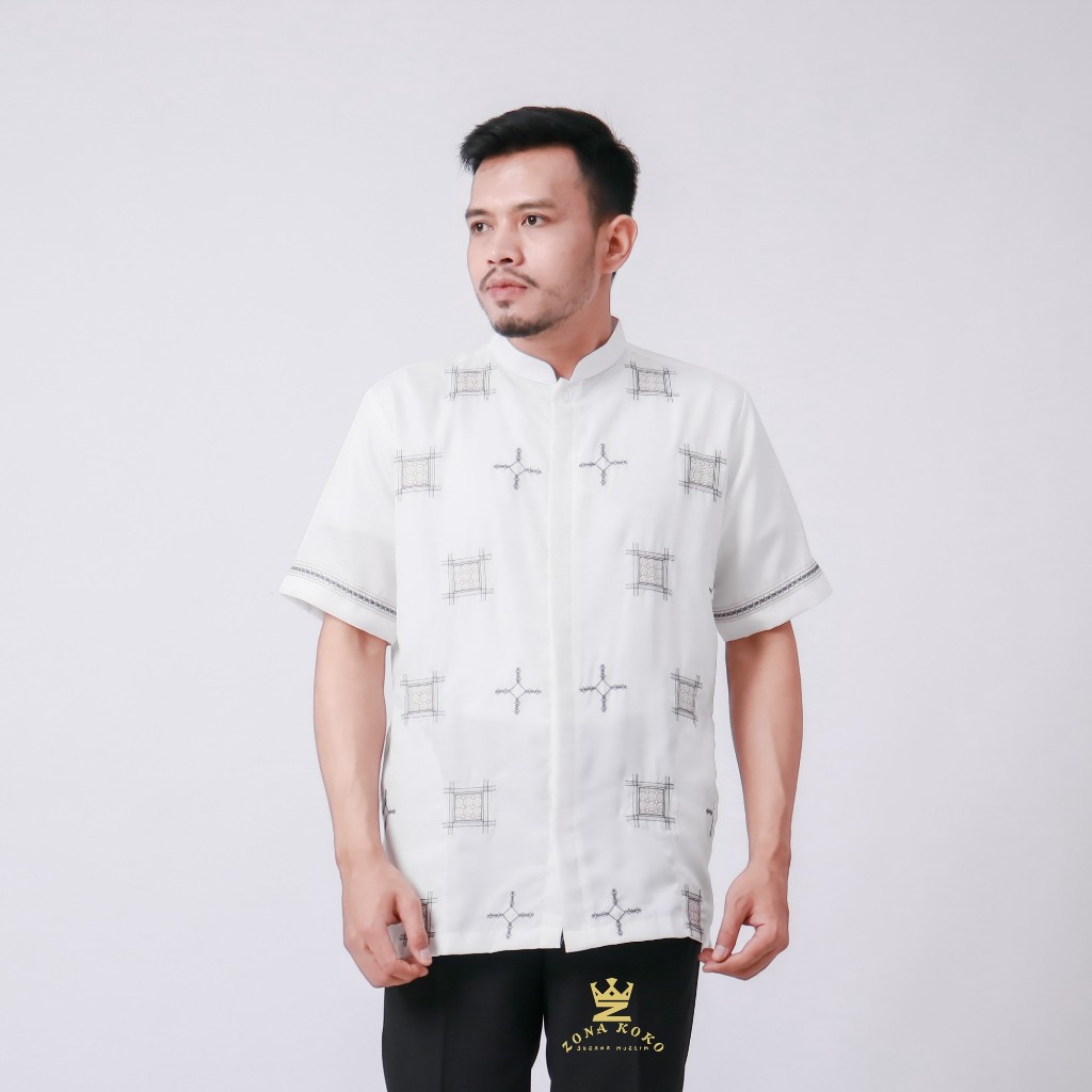 Baju Koko Pria Tangan Pendek Polikatun Premium Bordir Motif Terbaru Putih Tulang Size M L XL Baju Ko