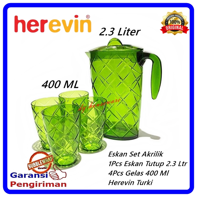 Teko Eskan Set 5Pcs Akrilik Kristal 2.3 Liter + Gelas 4Pcs 400 ML Transparan Beverage Set Herevin Ma