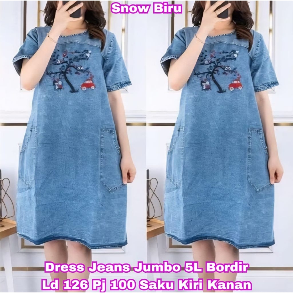 Dress jeans denim bordir motif Love Car jumbo 3L dan 5L, saku samping, lengan pendek