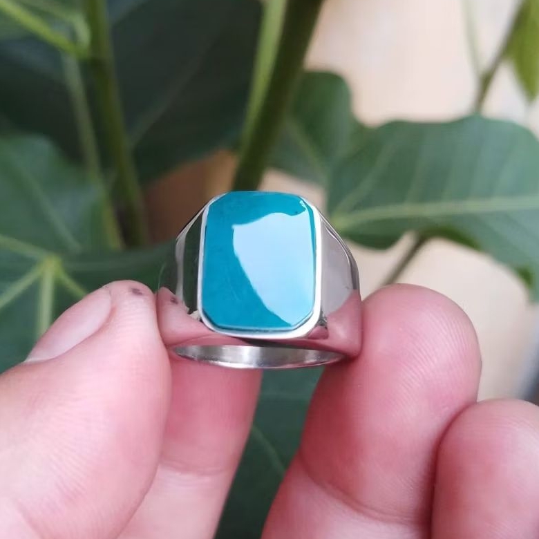 Natural Cincin Akik Bacan Doko Majiko Biru Kotak Satu Warna Super Kristal Elegan Simple