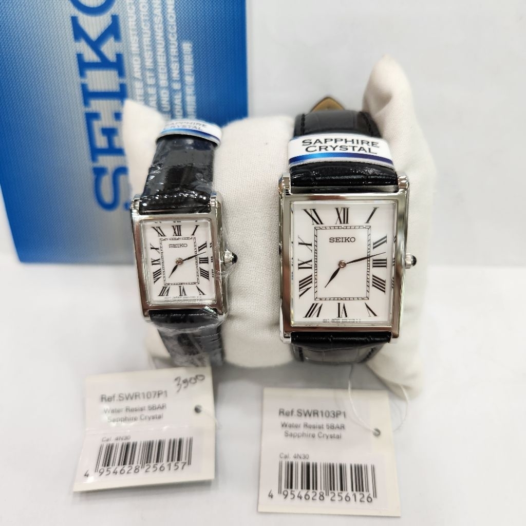 Seiko SWR103P1 SWR107P1 Couple Classic Quartz Leather Strap Nano Tank