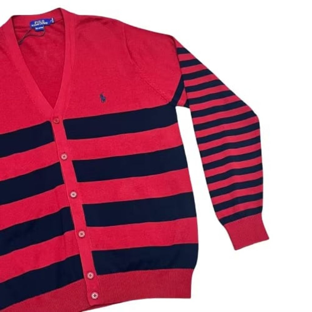 Polo Ralph Lauren Cardigan Pria Stripe Rajut-Lengan Panjang Merah Hitam Casual