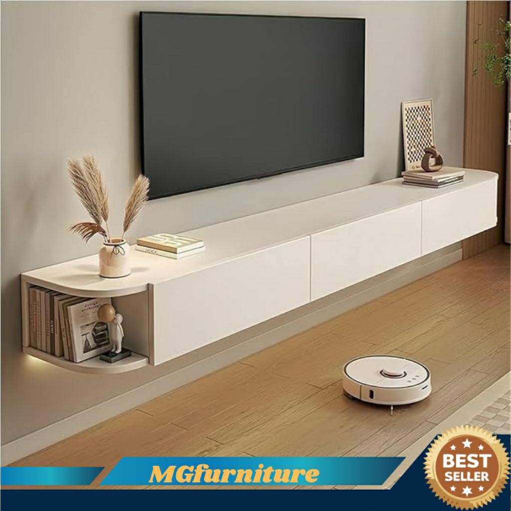 Meja TV Minimalis Modern Gantung | Rak TV Dinding Laci & Rak Samping