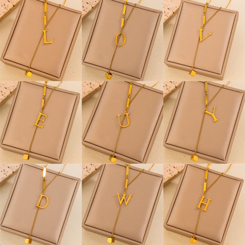 Kalung Titanium Wanita Lapis Emas Anti Karat Simple Kalung Titanium Gold Inisial Alphabet Huruf A-Z 