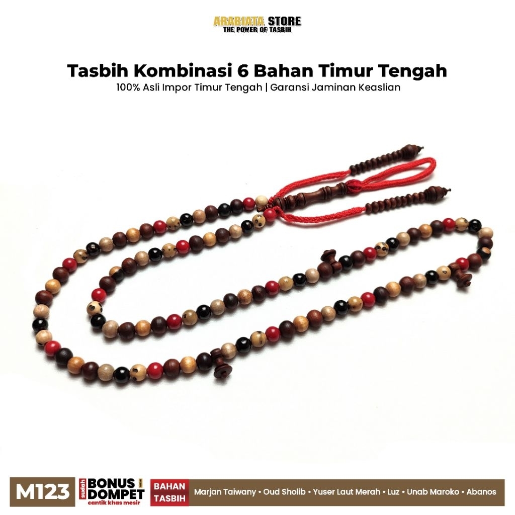 Tasbih 6 Bahan Import : Oud Sholib, Unab, Yuser, Marjan, Abanos, Lus Putih