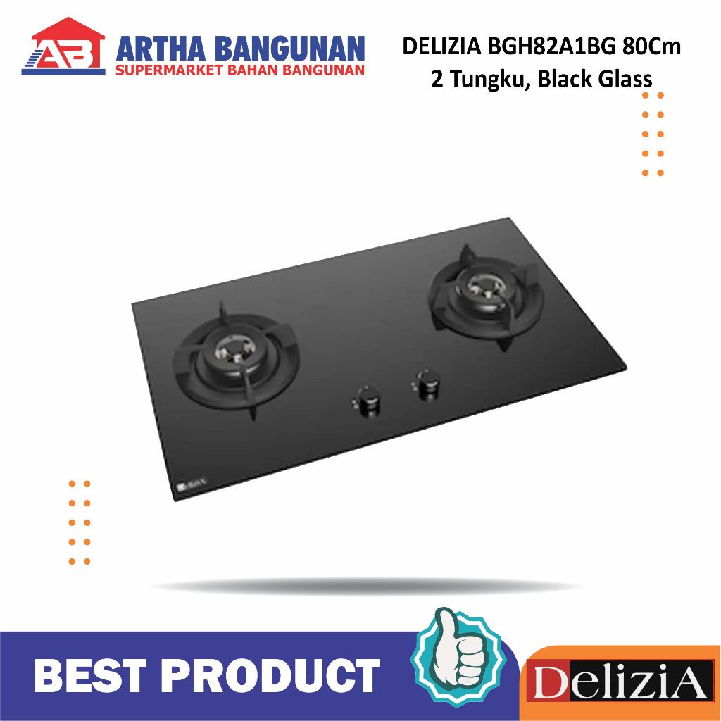DELIZIA BGH82A1BG KOMPOR GAS TANAM 80CM 2 TUNGKU BLACK GLASS