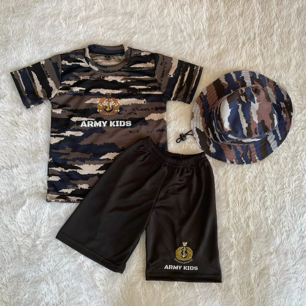 “Setelan Baju Army Kids Loreng Anak Laki-Laki Kaos Celana Topi Loreng TNI Kostum Main Outdoor”