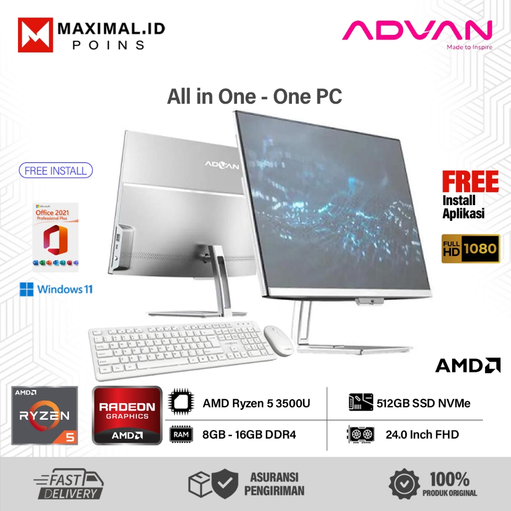 ADVAN One PC AIO All In One PC Amd Ryzen 5 3500u RAM 16GB SSD 512GB 24'' FHD 99% Srgb Windows 11