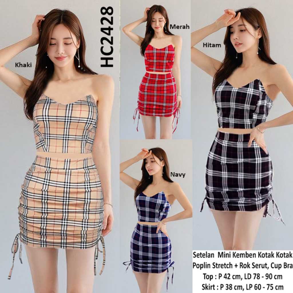 HC2428 setelan mini kemben kotak kotak poplin stretch + rok serut cup bra