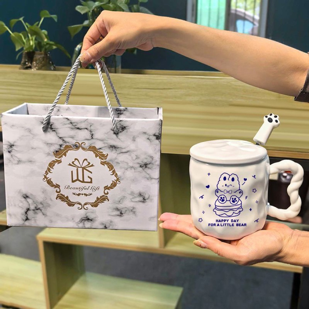 Gelas Mug Cangkir Kopi Keramik Set dengan Sendok Aesthetic Korean