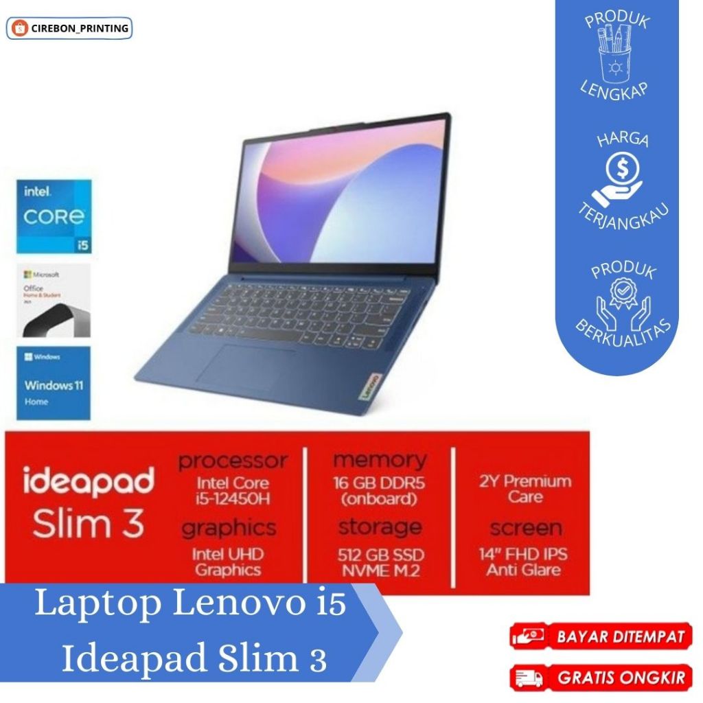 LAPTOP LENOVO / LENOVO IDEAPAD SLIM 3 / LENOVO CORE i5 / GARANSI 2 TAHUN / CIREBON / COD / GRATIS ON