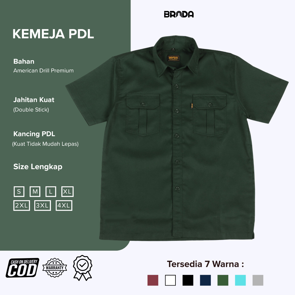 BRADA - Kemeja PDL PDH Drill / Baju Atasan Seragam Kerja Lapangan Pendek Hijau Army
