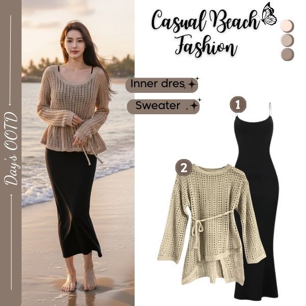 One Set 2in1 Wanita Kekinian Sweater Yuruma + Inner dres Slim Fit Outfit Stylish Pantai