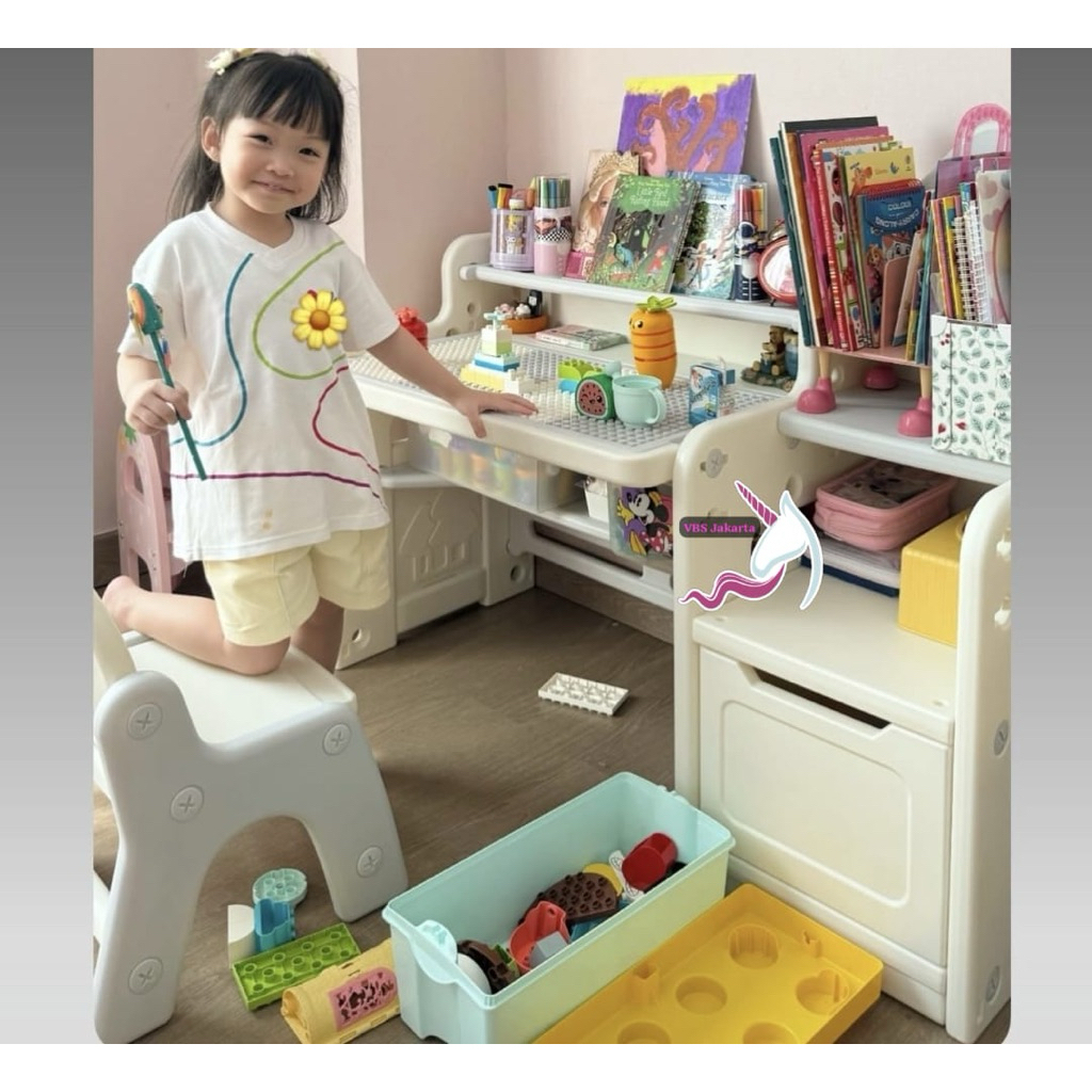 MEJA BELAJAR 5in1 ANAK BLOCK TABLE BERMAIN SUSUN BALOK LEMARI DRAWER LEARNING DESK SET KURSI CHAIR P