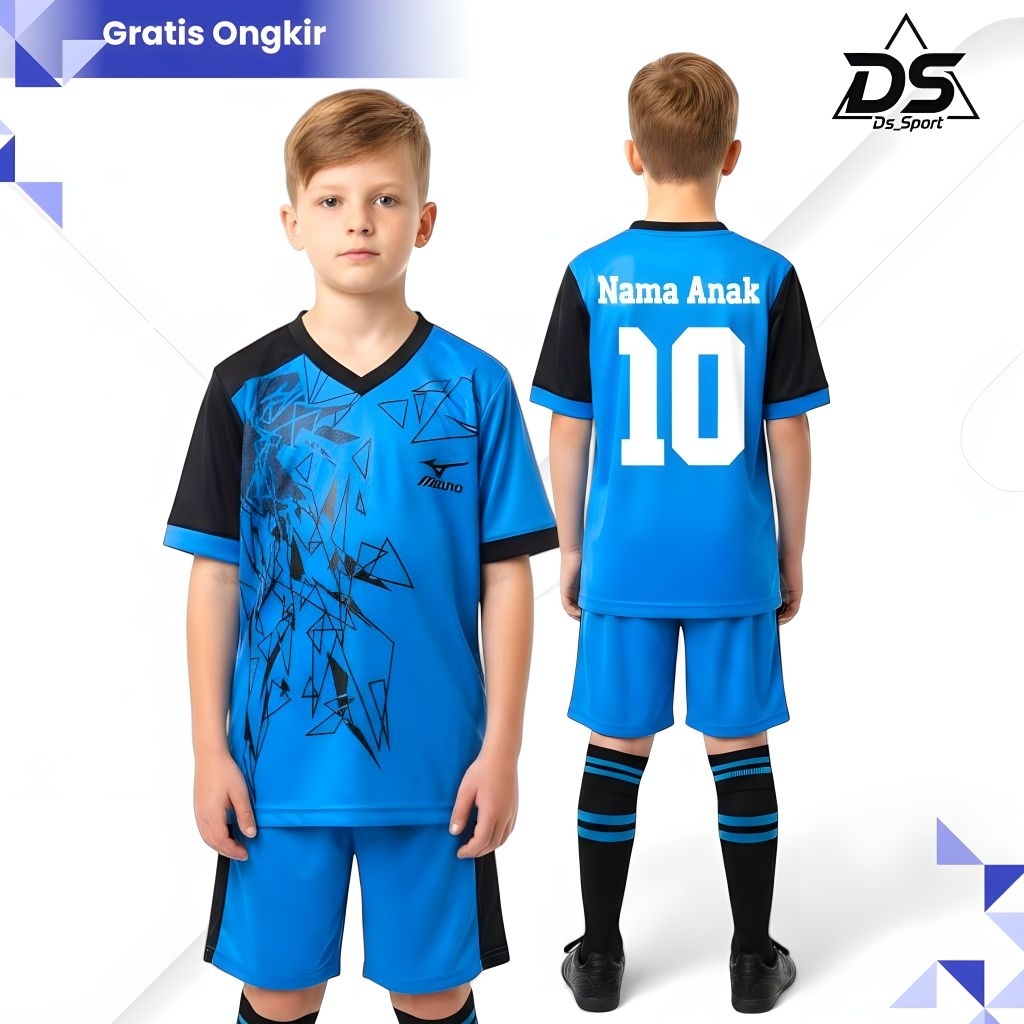 (Mizuno)-Setelan Jersey Sepak Bola Anak Usia 5-14 Tahun Custom Nama+Nomor Baju Volly Anak Dry-Fit
