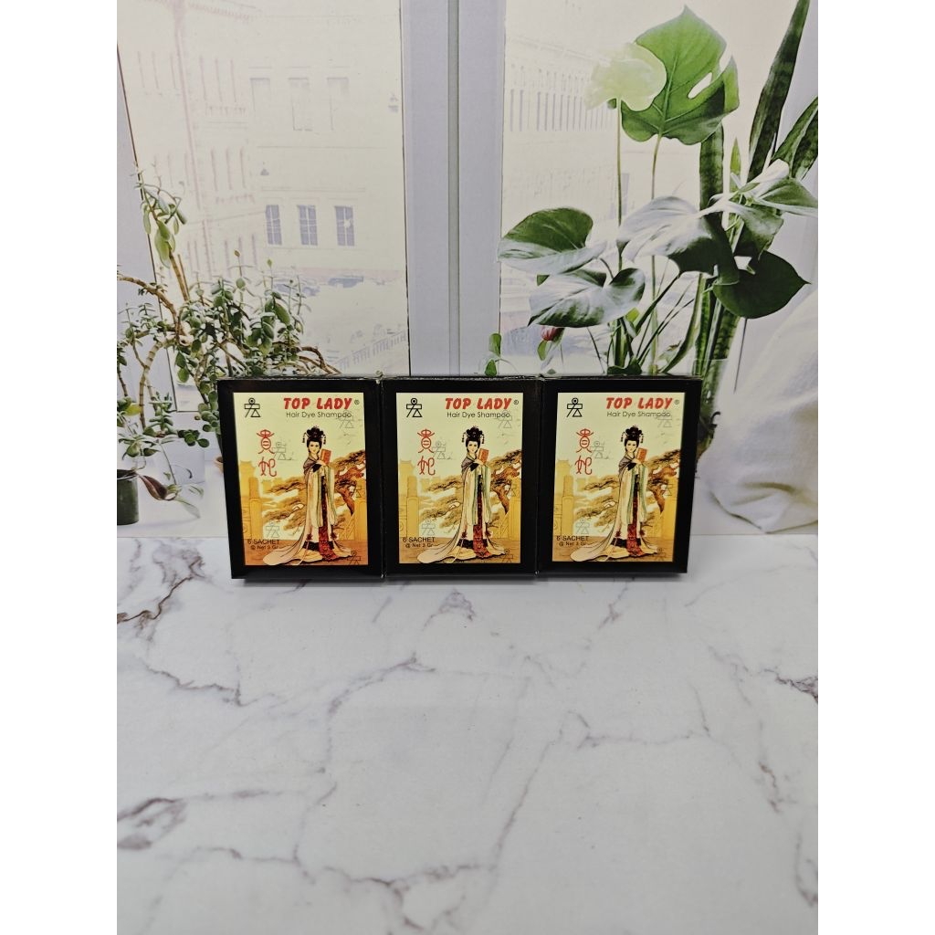 Top Lady Hair Dye Shampoo – 3 Pak Isi 18 Sachet | Cat Rambut Herbal Praktis Cepat Hitam Berkilau, Sh