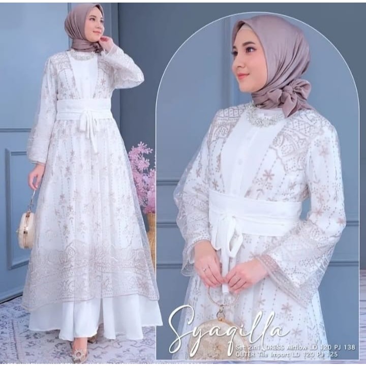 Dress Gamis Pesta Elegan Brokat Pakain Muslim Wanita Bahan Cerutty baby doll Mix Brolkat Syaqilla
