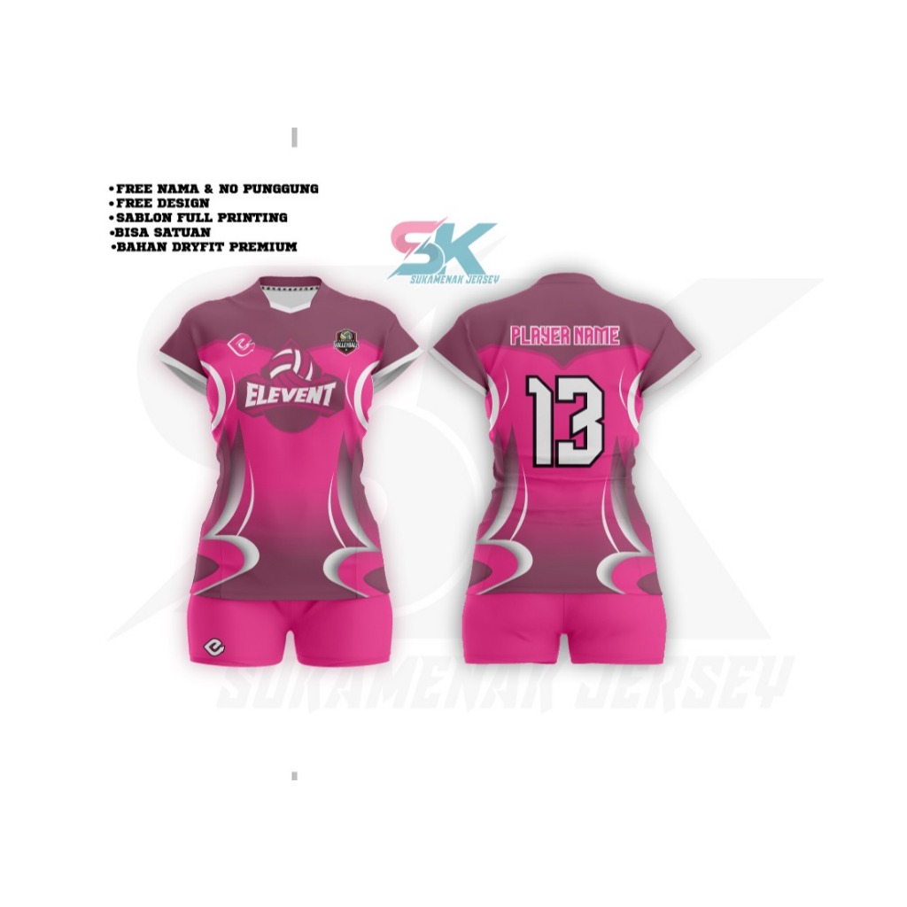 Jersey Voli Cewek Pink Putih Gratis Nama Nomor