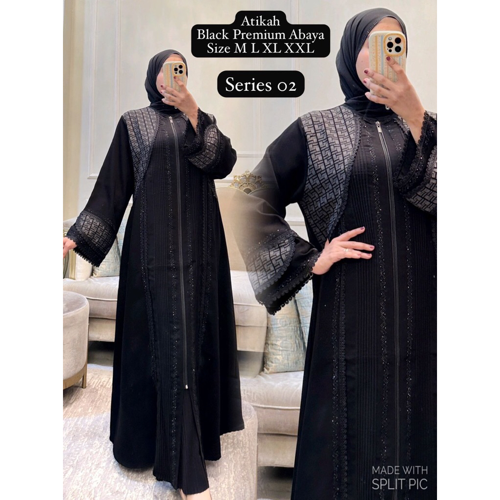 Abaya Atikah Black Premium Jetblack Premium Grade Aplikasi Renda Kain Embos Motif Abaya Arab Gamis B