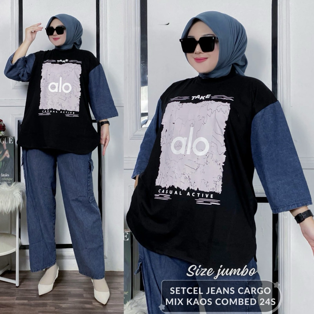 ONESET CELANA CARGO WANITA UK JUMBO/CELANA JEANS KAOS COMBAD BAHAN LEMBUT TEBAL
