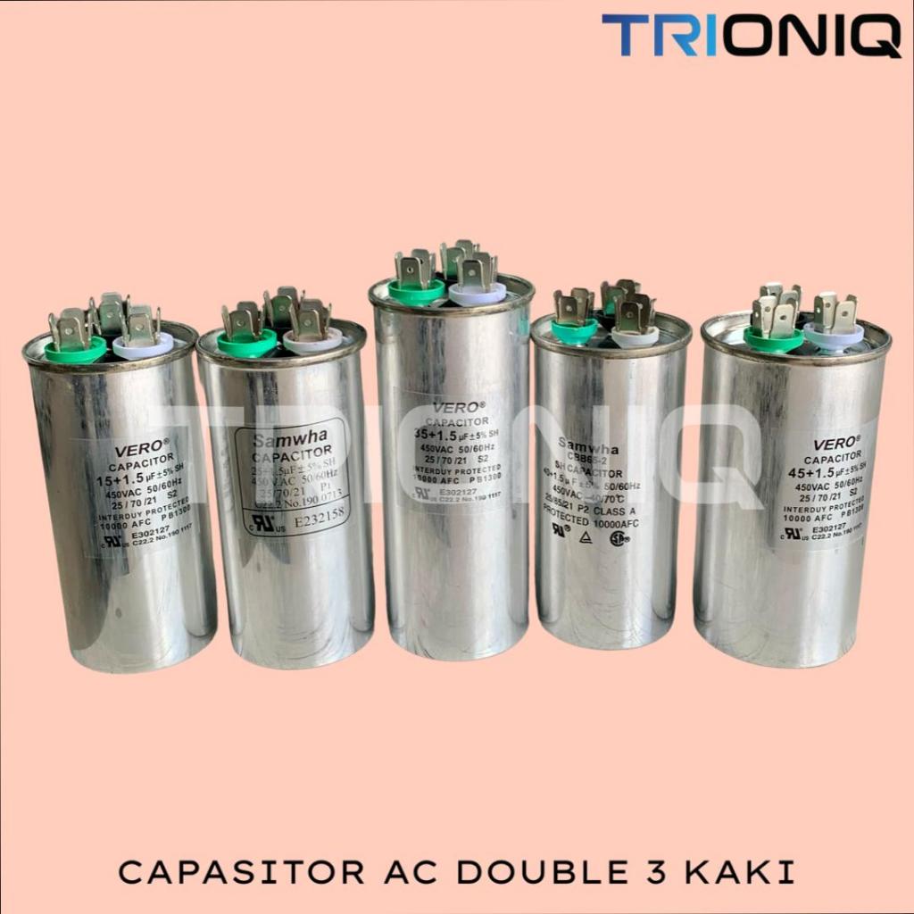 CAPASITOR AC DOUBLE 3 KAKI / KAPASITOR AC GANDA 3 SOKET