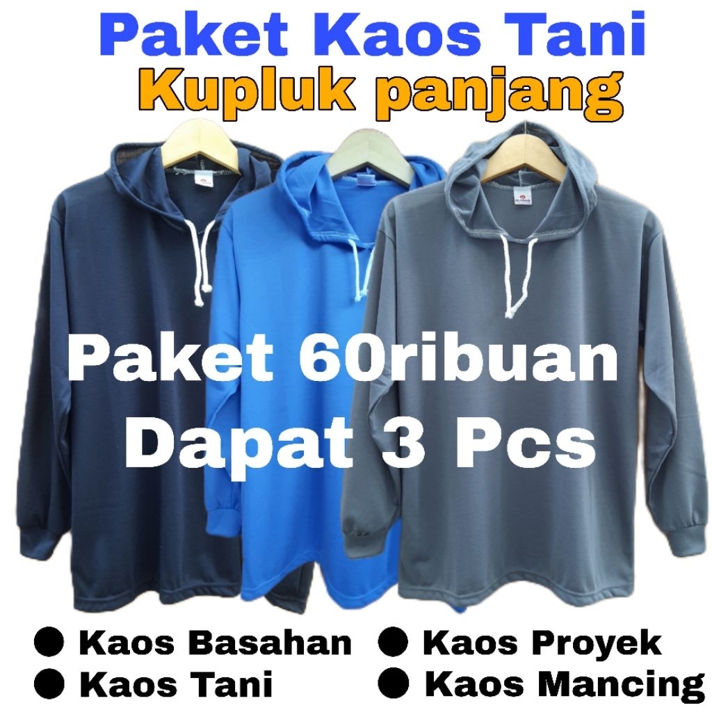 Paket 3pcs Kaos petani polosan ada topi kupluk kaos basahan proyek sawah